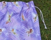 Tinkerbell drawstring toy bag or library book bag, purple fairies, large cotton