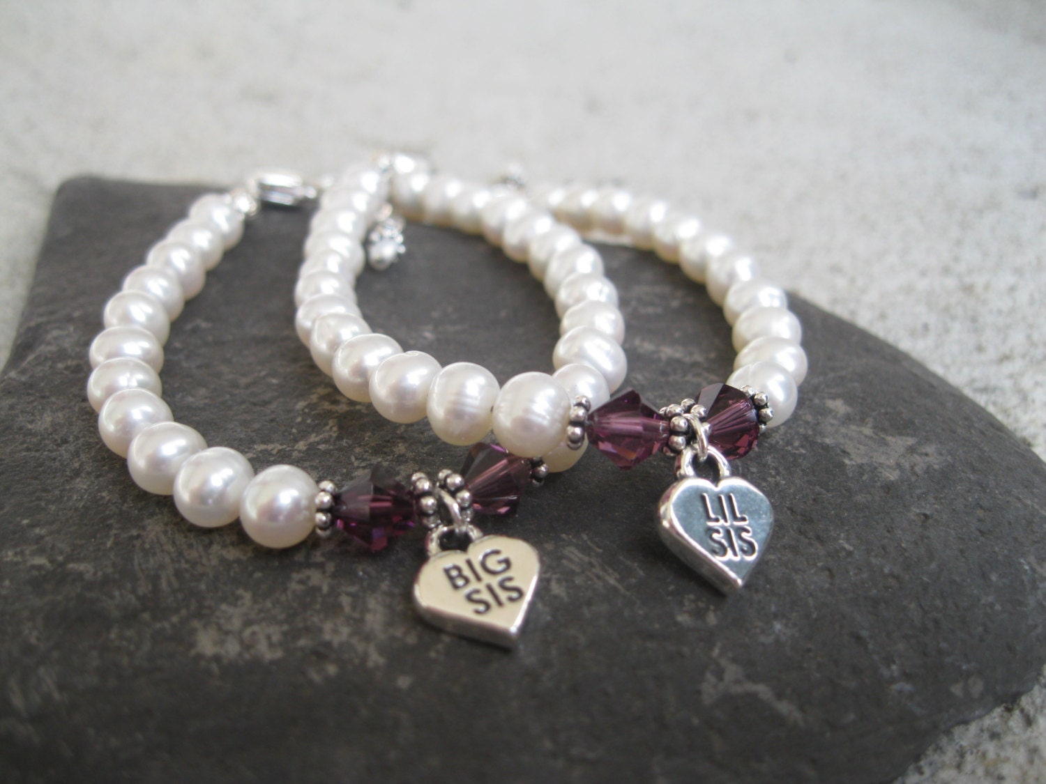 Big Sis & Lil Sis Heart Charm Bracelet- Sterling Silver, Freshwater Pearl, Swarovski Crystal- Valentines, New Baby, Wedding, Birthday