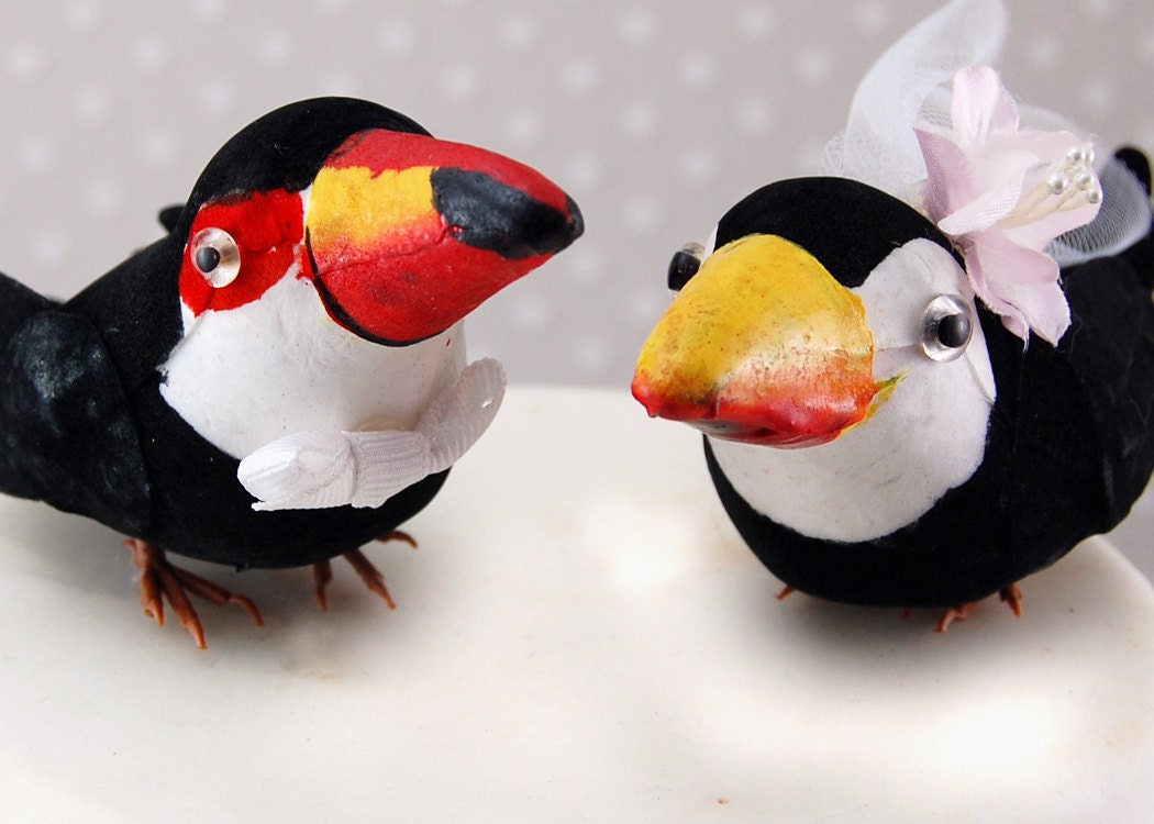 New and On Sale - Toucan Tropical Wedding Cake Topper: Paradise Destination Bride & Groom Love Birds Wedding Cake Topper in Red or Blue