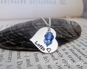 Sterling Silver Hand Stamped Valentine Heart Necklace with One Swarovski Crystal Birthstone Charm - Custom Name Mother Pendant