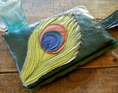 peacock in greens repurposed leather clutch