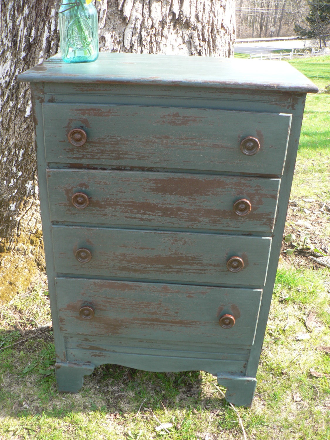 VinTAGE colonial FEDERAL Style dresser  BUREAU PEACOCK Milk paint Blue