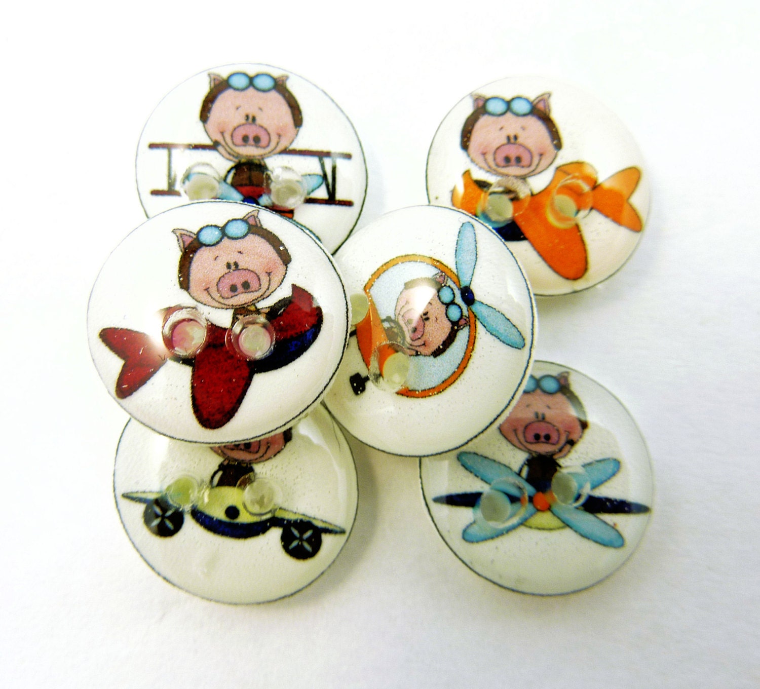 6 SMALL Pig Buttons. Handmade Buttons. When Pigs Fly Buttons.  1/2" or 15 mm Pig in Airplane and Helicopter.