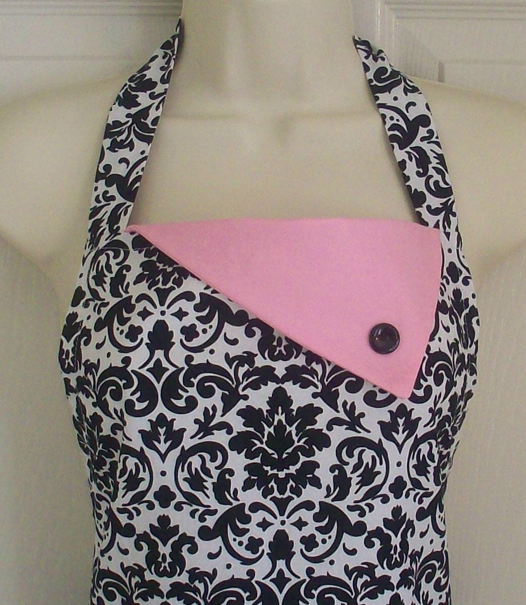 Womens Black Damask Retro Style Full Apron / Pink Trim