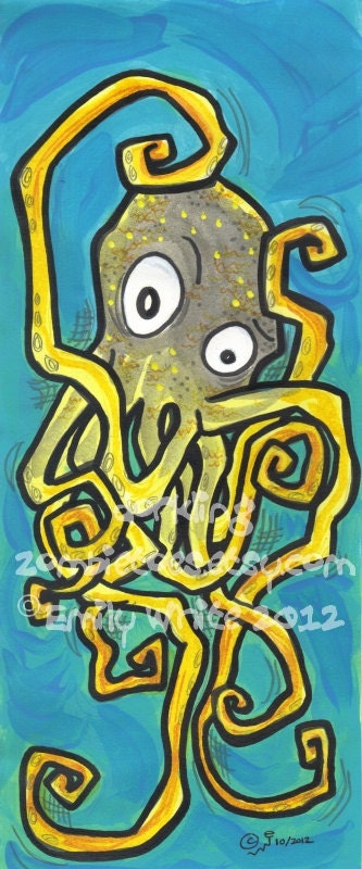 Burt Original lowbrow Octopus cartoon comic art Illustration Framed cephalopod painting