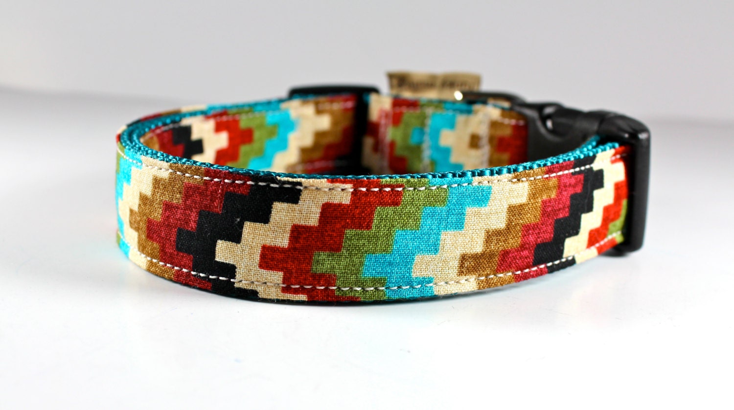 Southwestern chevron style dog collar in colorful turquoise, rust, olive green, and vanilla-- you pick size