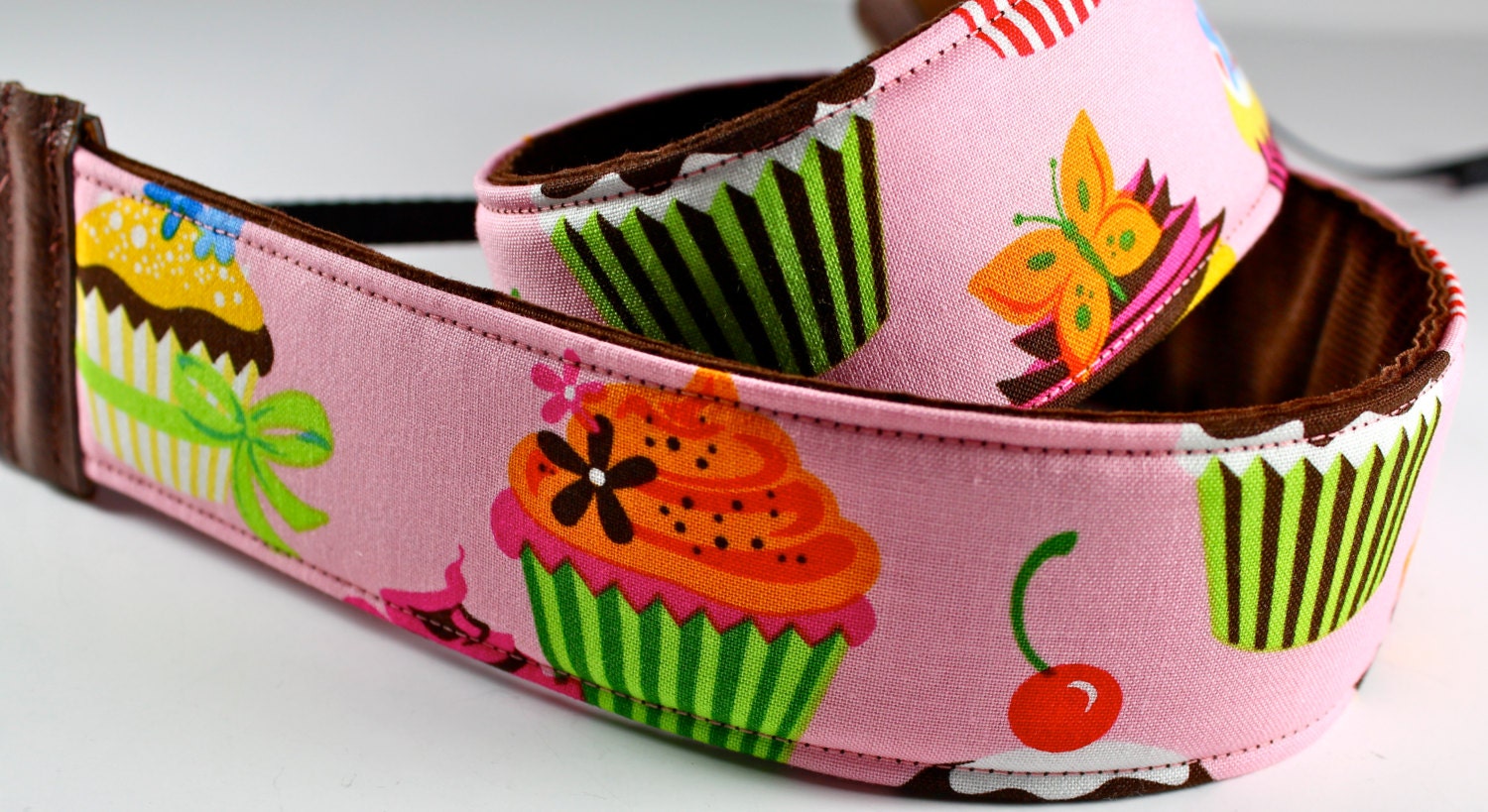 Cupcake Cutie in pink and chocolate-- dslr camera strap with real leather ends and soft padding throughout