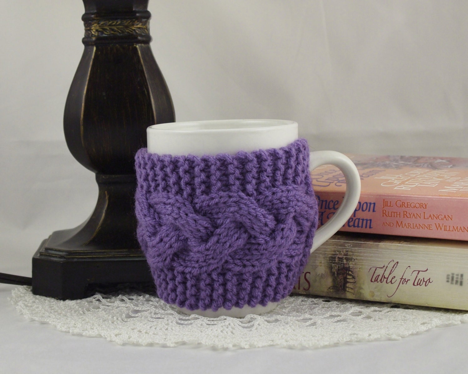 Lavender Hand Knit Coffee Mug Cozy Cable