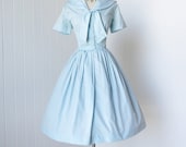 vintage 1950's dress ...fun DALLAS DESIGN of texas sky blue embroidered sailorette sailor full skirt pin-up shirtwaist dress  l xl
