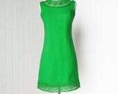 vintage 1960's dress ...neverworn exquisite HARLEQUIN GREEN linen shift dress with with peek-a-boo needle lace cocktail party dress