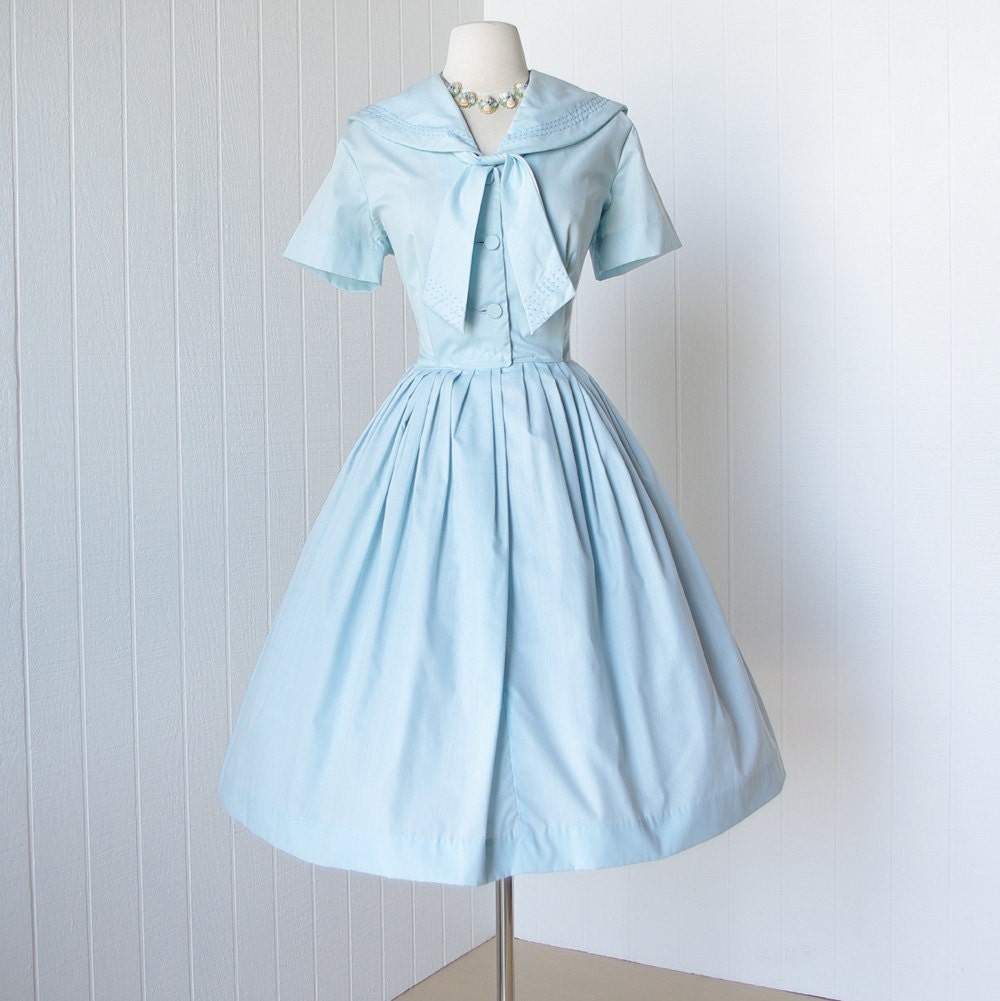vintage 1950's dress ...fun DALLAS DESIGN of texas sky blue embroidered sailorette sailor full skirt pin-up shirtwaist dress  l xl