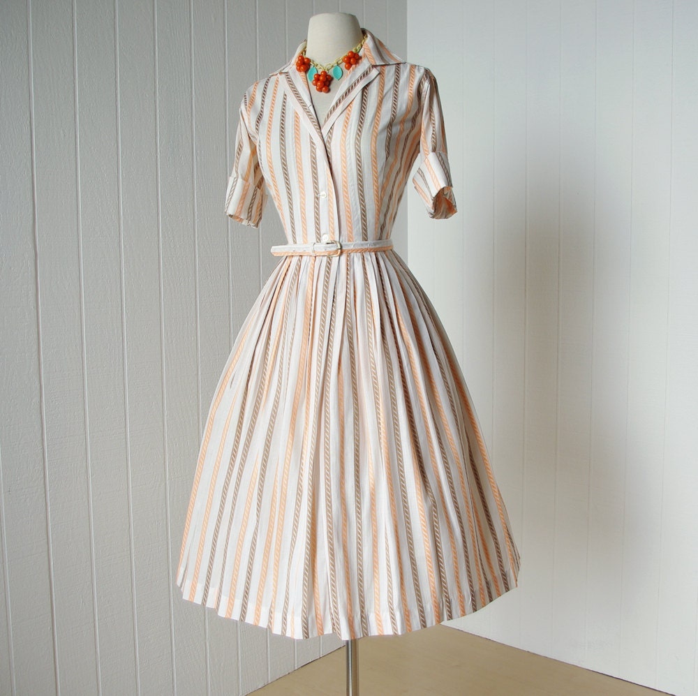 vintage 1950's dress ...never worn classic MELON & MOCHA woven striped combed cotton full skirt pin-up shirtwaist dress