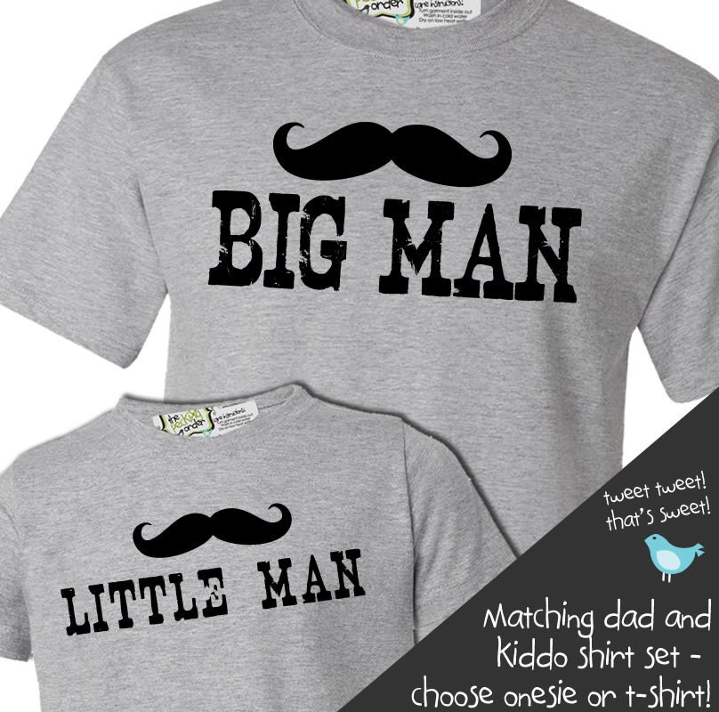 Matching popular mustache big man shirt little man tshirt or onesie gift set