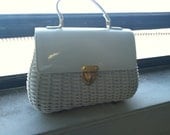 VTG 50s White PATENT LEATHER Woven Top Handle Bag Purse