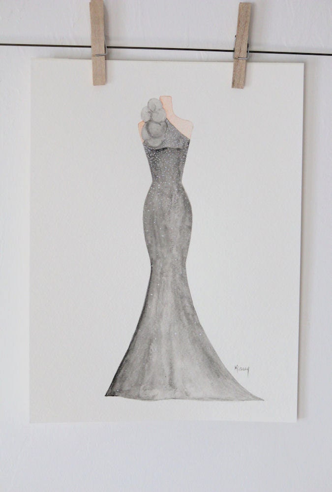 Watercolor Painting Art Fashion Illustration Original Grey Sequin Home Decor Nursery Decor 9 X 12 Girls Room Feminine