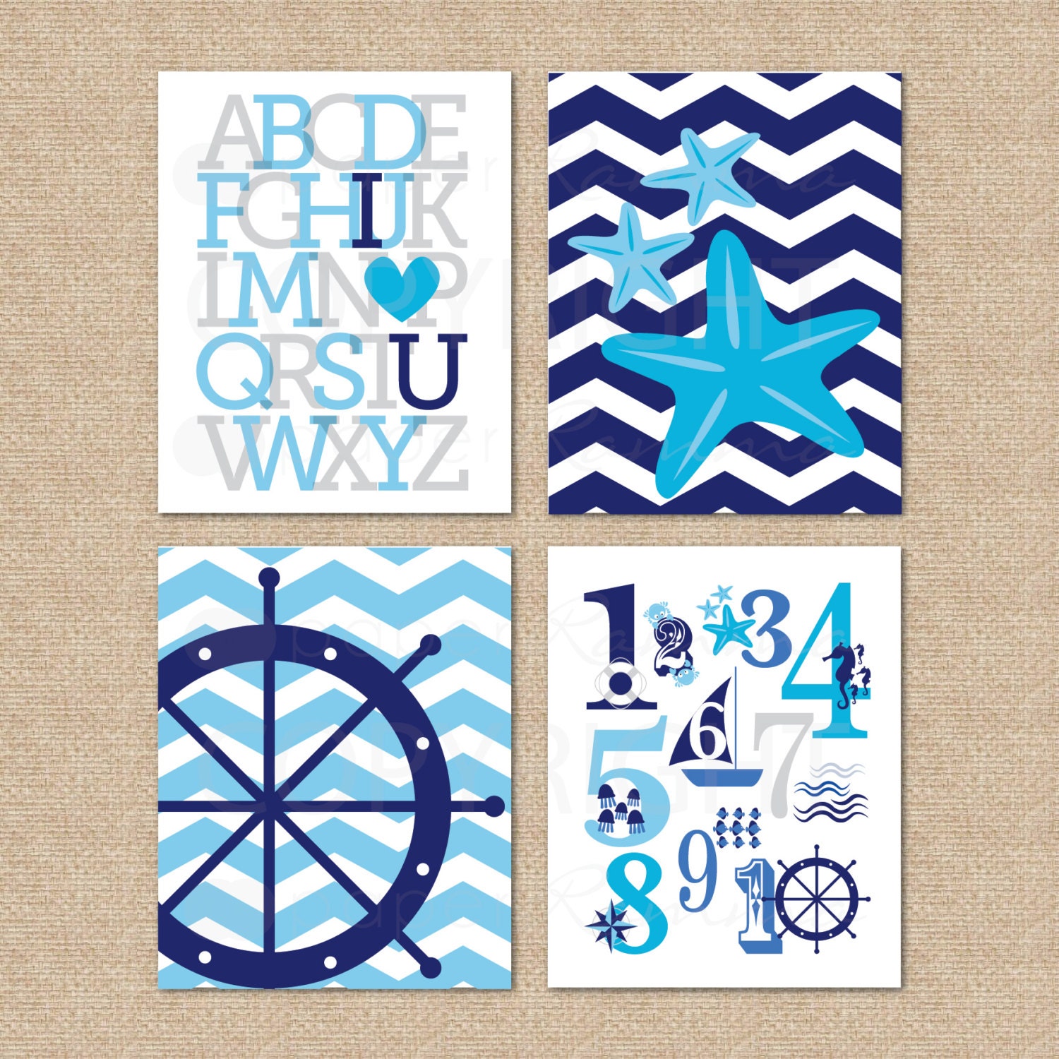 ABC I love you, Nautical 123s & 2 Chevron Nautical Silhouettes // 4 Print Set // Nursery / Kids Room Giclée Prints, 8x10