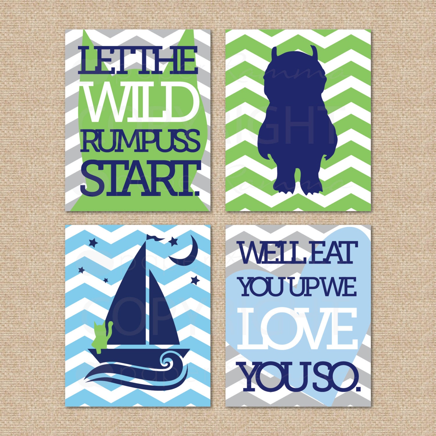 Where the wild things are, 4 print set // Nursery / Kids Giclée Art Prints, 8x10