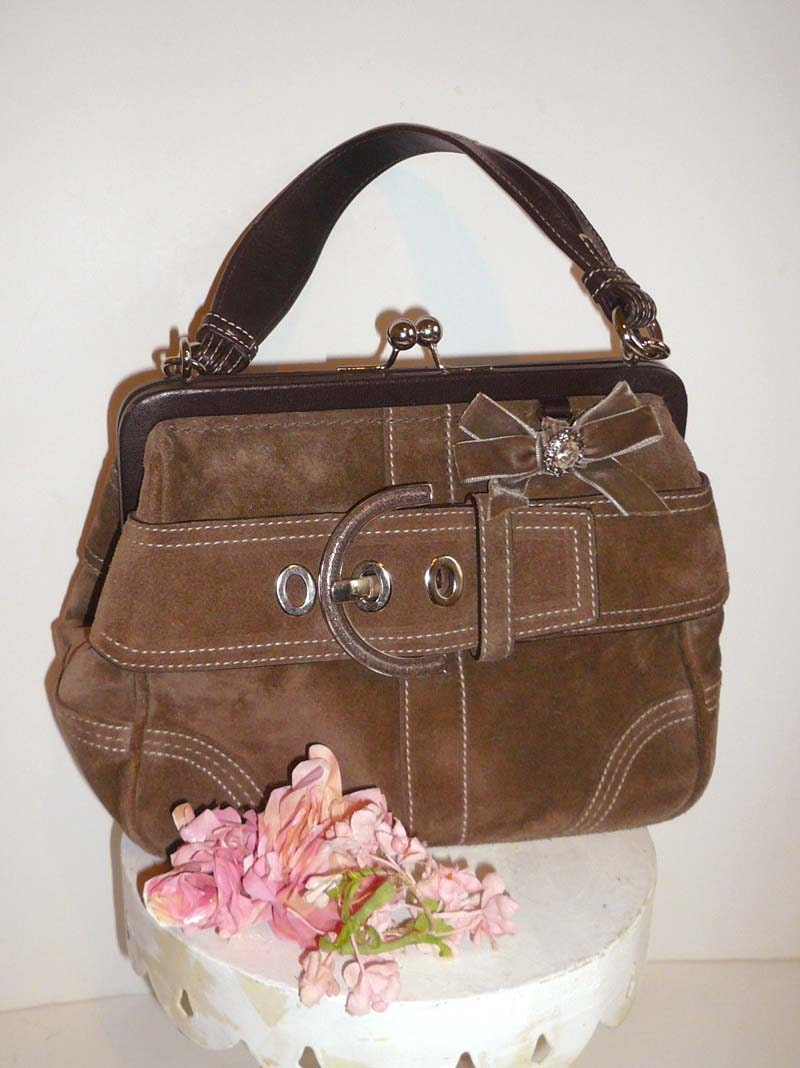 Coach Suede Kisslock Purse with Velvet Bow Bling Handbag