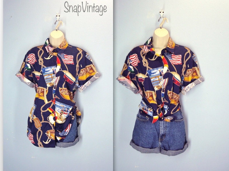 Vintage 1980s Blouse / America Sailor Patriotic Shirt / m-l