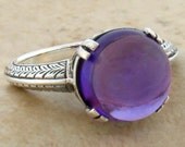 Natural Amethyst Cabochon stone .925 SS ring, size 8