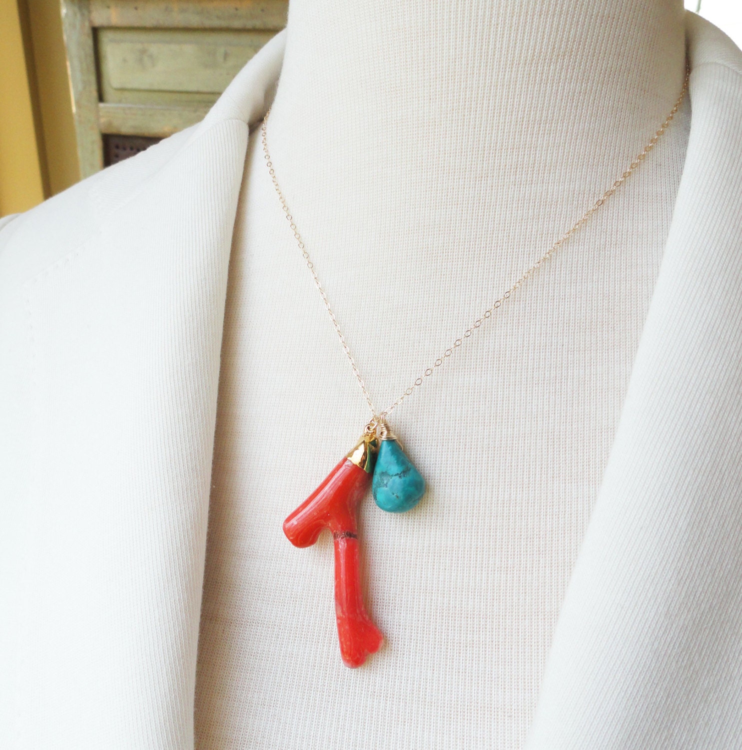Natural coral branch necklace, coral and turquoise necklace, gold fill, natural turquoise jewelry, coral jewelry, summer jewelry