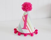 Girls Party Hat, Pink and green, 1st Birthday, photo prop, personalized