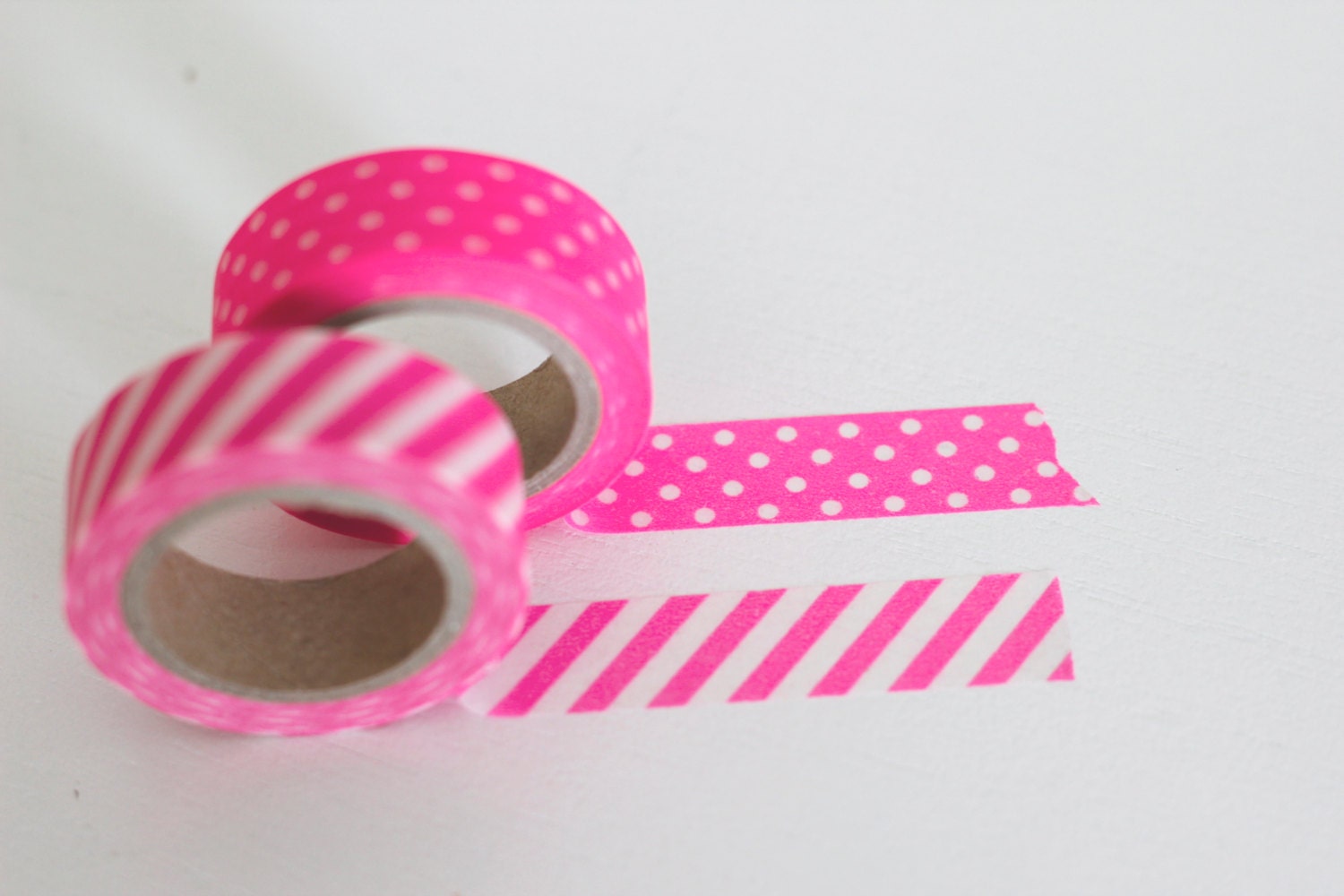Washi tape set of 2, neon pink stripes and dots, Japanese masking tape craft supply