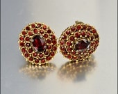 Garnet Glass Rhinestone Earrings Gold Victorian Revival Vintage 1940s Jewelry Costume Clip On