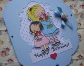 HAPPY BIRTHDAY - Handmade blank greeting card with sweet little girls with tulips