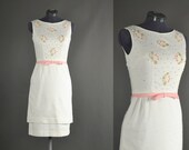 Vintage 1950s Dress floral lace beaded rhinestone wiggle dress white cotton pique