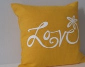 Pillow Cover Cushion Cover White Love Flower on Mustard Yellow Linen  - 12 x 12 inches