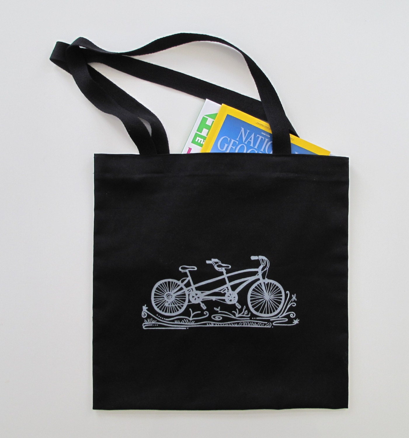 Tote Bag - Tandem Bicycle in Gray on Black Cotton Canvas