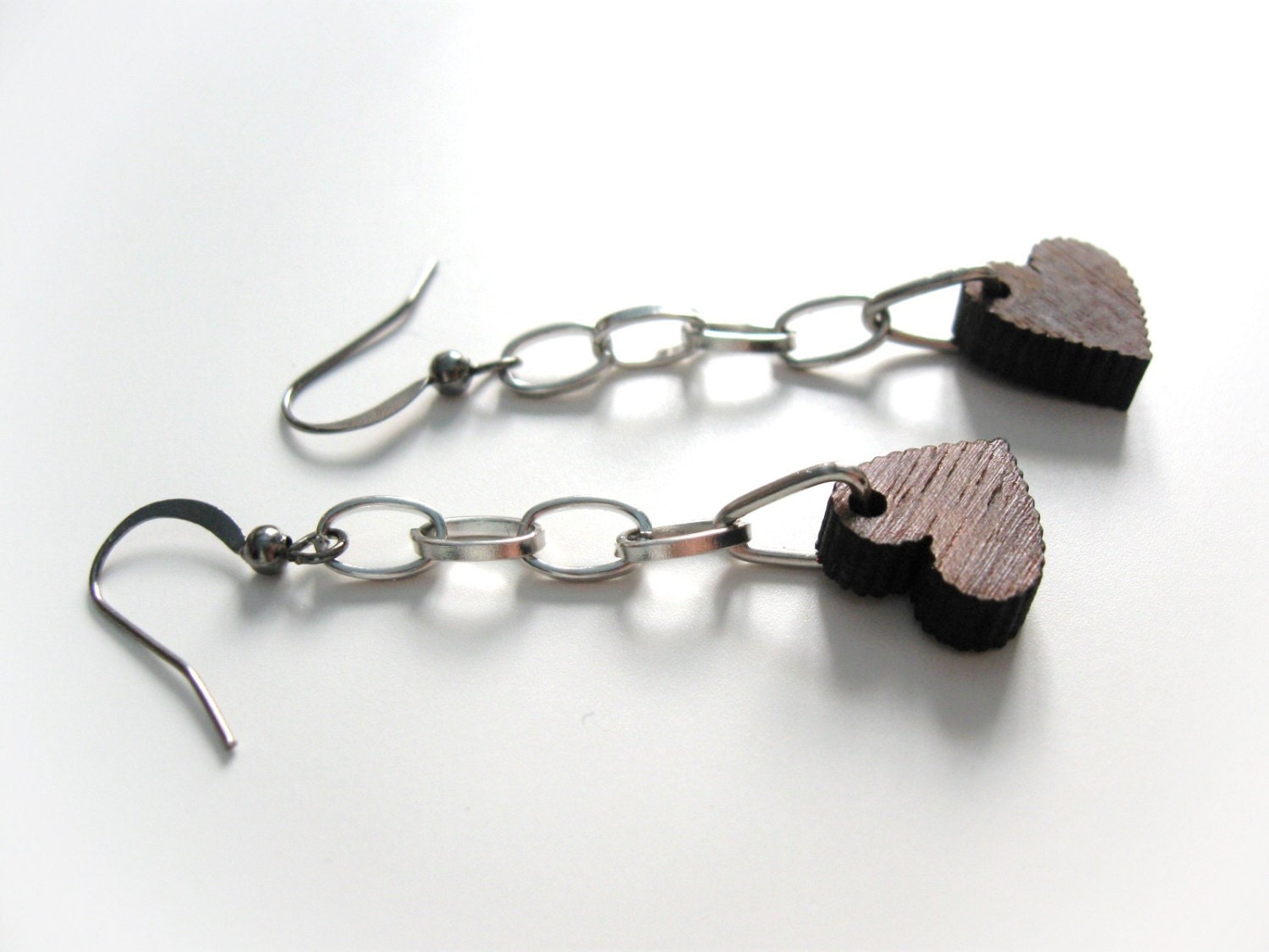 Wood brown heart and chain earrings eco friendly fashion jewelry