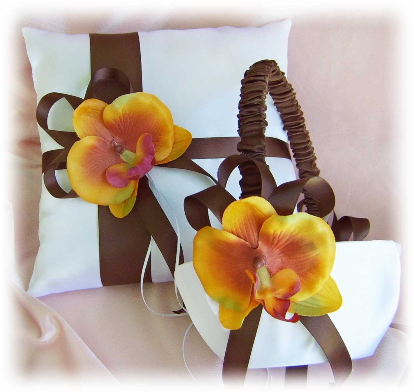 Chocolate Brown Burnt Orange Pillow Basket - Wedding Flower girl basket and ring bearer pillow set. Fall Themed Weddings