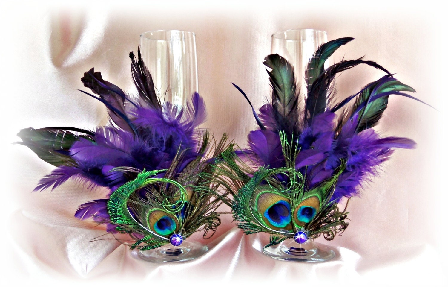 Peacock Feathers Champagne Glasses -  Wedding Table Settings -  Stemware Decoration Glasses - Purple Teal Peacock Wedding Decor