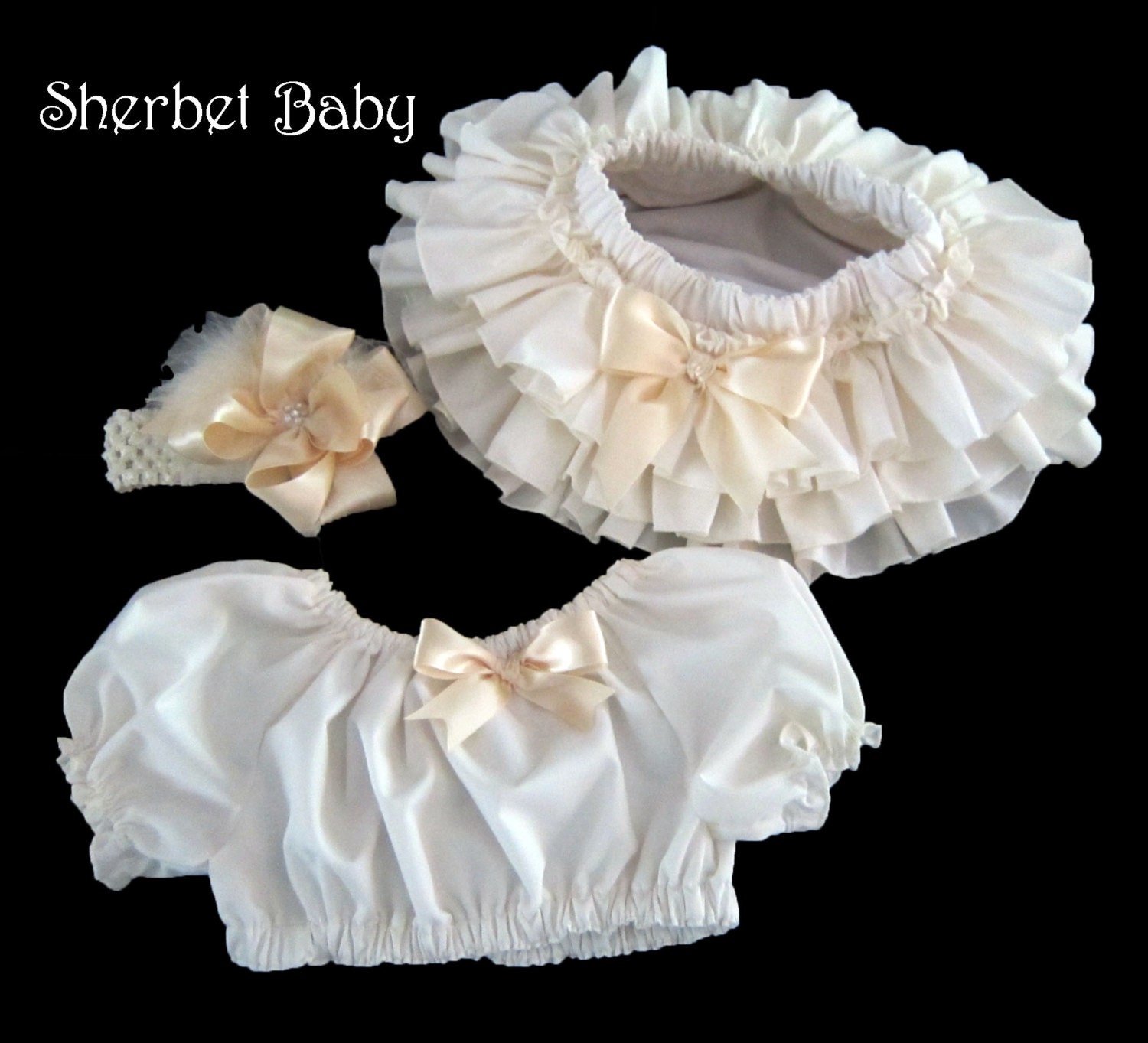 Complete Set Portrait Set Fancy Headband Hairbow Peasant Crop Midriff Top All Around Ruffle Sassy Pants Bloomer in Ivory with Cream