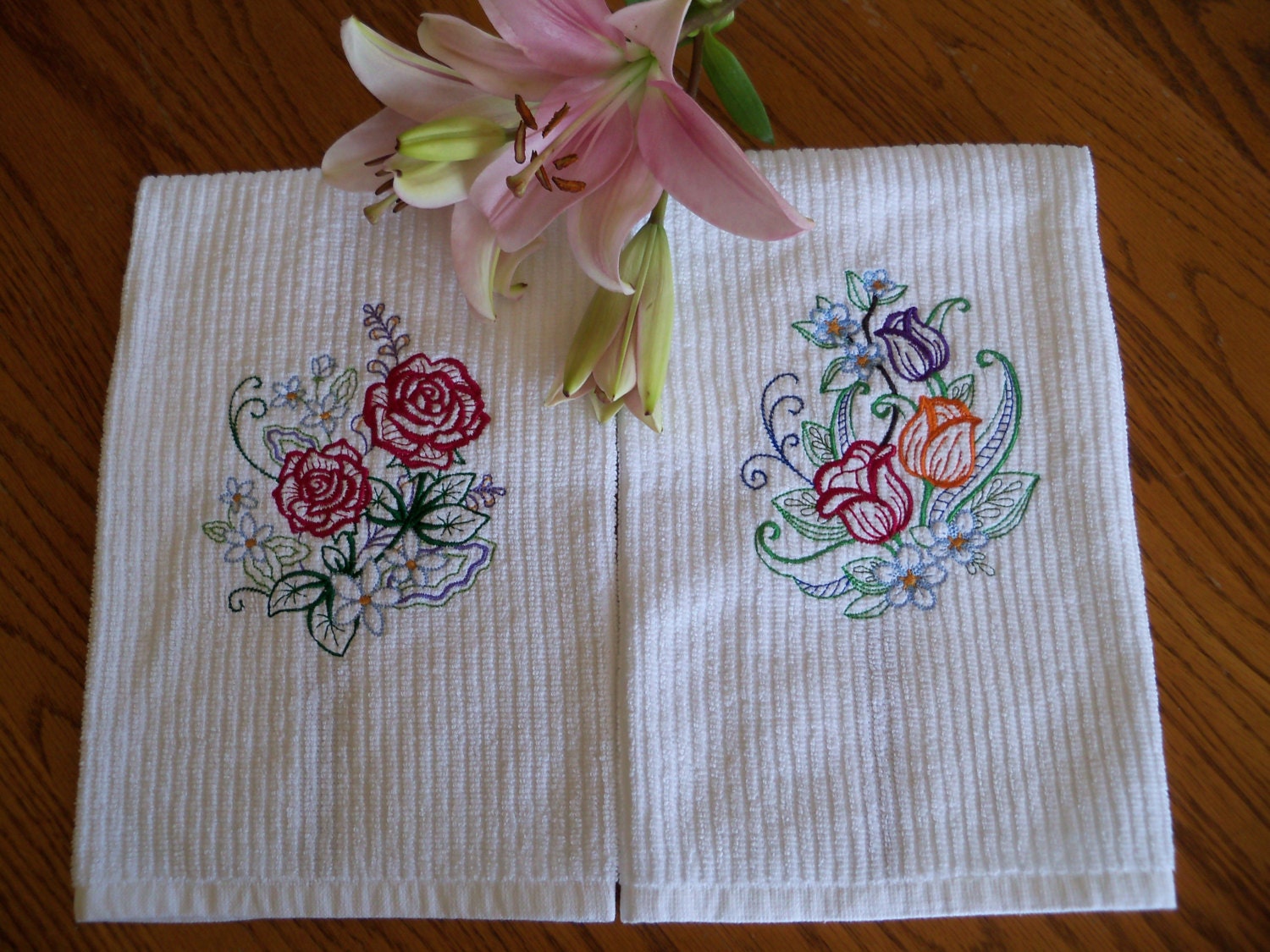 Spring Roses and Tulips Flower Embroidered Hand Towels Handmade Housewares Wedding Gifts Mothers Day Gift