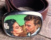 kiss me you fool- repurposed kitsch 'lovers' vintage pulp novel pewter buckle and belt.