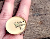 fly away: repurposed vintage bird illustration adjustable antiqued copper filigree ring