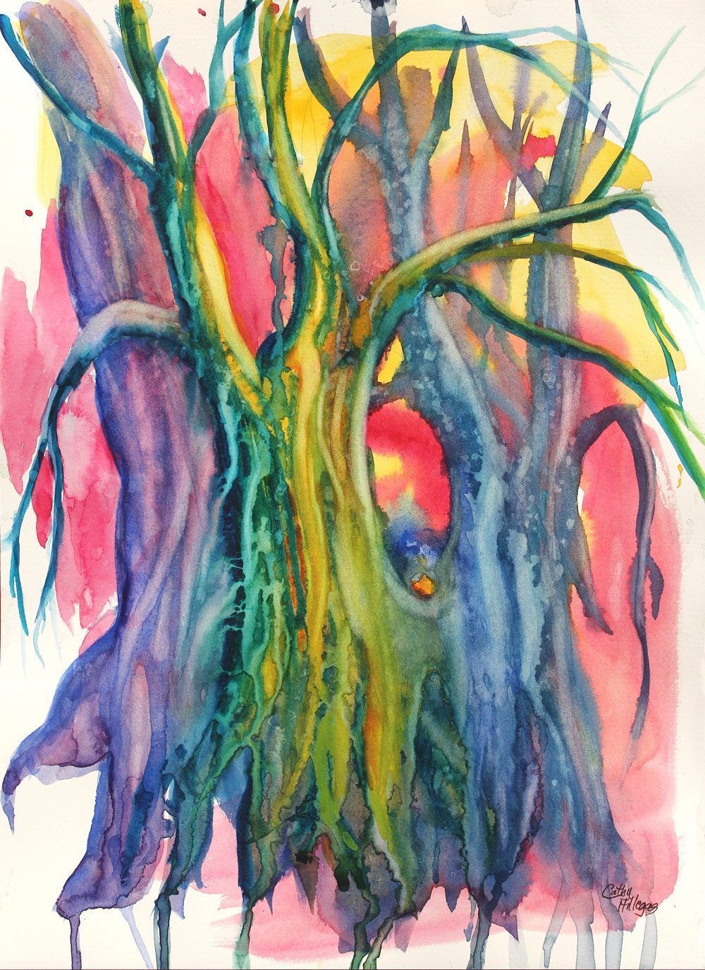 Abstract Art TreesWatercolor Original Painting by Cathy Hillegas, blue, purple, green, red, aqua, yellow