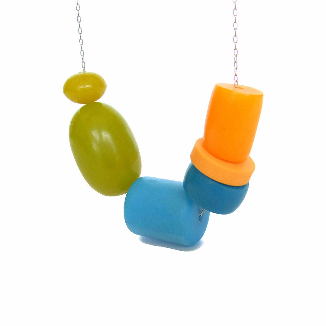 funky retro single strand necklace, mad men fashion, colorblock, urban chic, lemon zest, dusk blue, tender shoots green