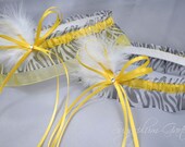 Wedding Garter Set in Yellow and Zebra Print with Swarovski Crystals and Marabou Feathers