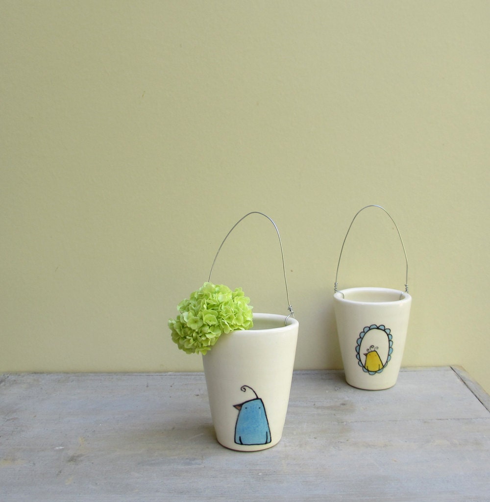 Blue bird vase, bird vase, flower bud vase for Mother's day, hanging wall flower vase, spring baby nursery decor