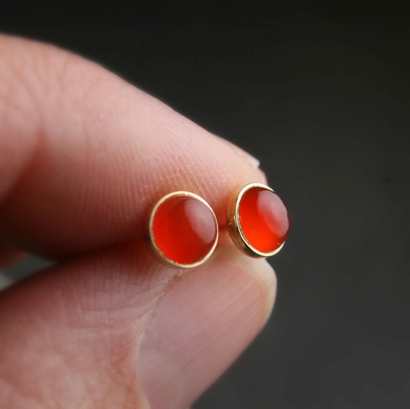 Carnelian stud earrings bezel set in 18k yellow gold with sterling silver posts and backs - 5mm