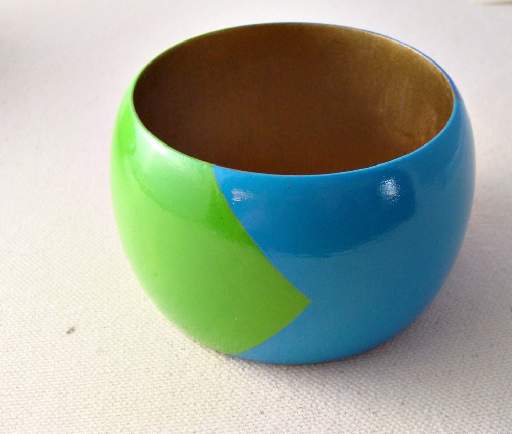 Hand Painted Color Block Chevron Apple Green Bright Blue Turquoise Wooden Bangle Bracelet Statement Jewelry Spring Summer Style