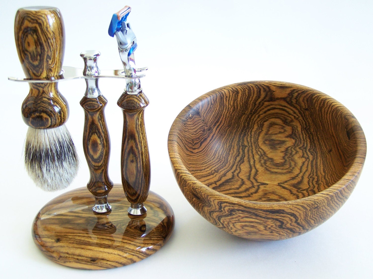 Bocote Wood Shaving Set:  Silvertip Badger Brush, Fusion Razor, Stand and Bowl (Handmade in USA)