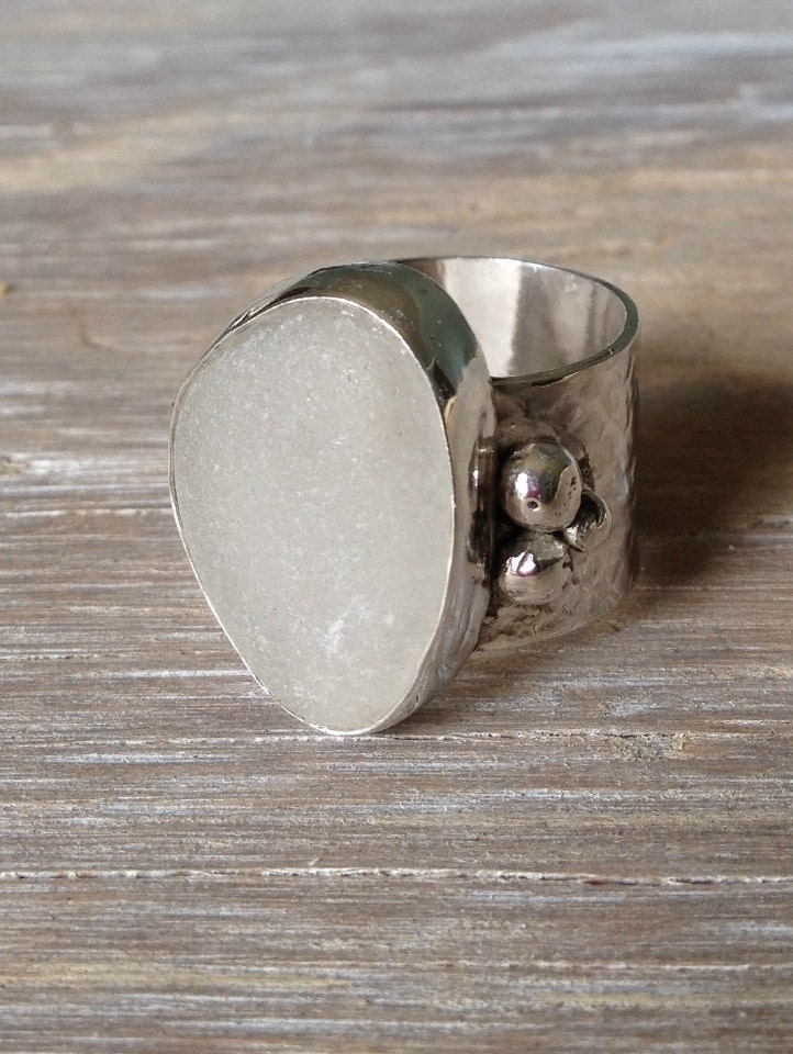 Sea Glass Ring Sterling Silver Wide Band Rustic Ring White Sea Glass