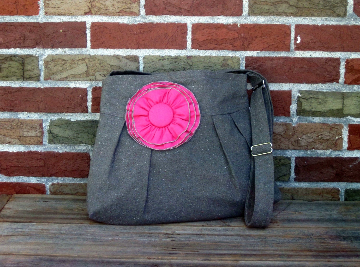 Sophisticate Purse Long in Gray, Recycled Fabric with an Adorable Organic Ruffle Blossom of Your Choice