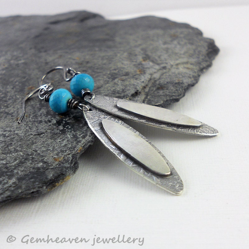 Sterling silver long dangle earrings with Turquoise - Long petals Dreaming -