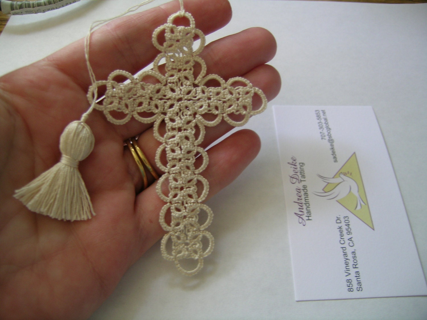 Bible Bookmark Creamy Ecru Tatted Cross Handmade Tatting  FREE SHIPPING